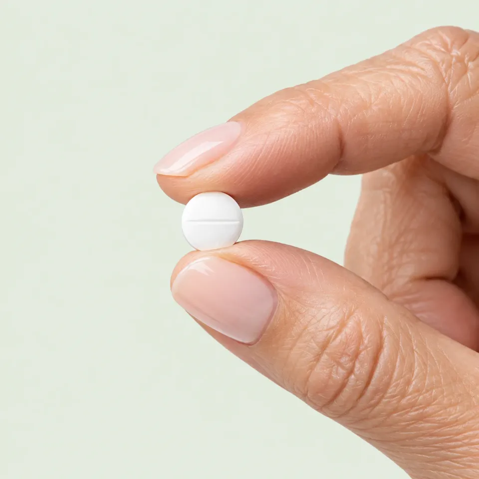 Two fingers holding a small round white tablet, against a sage background